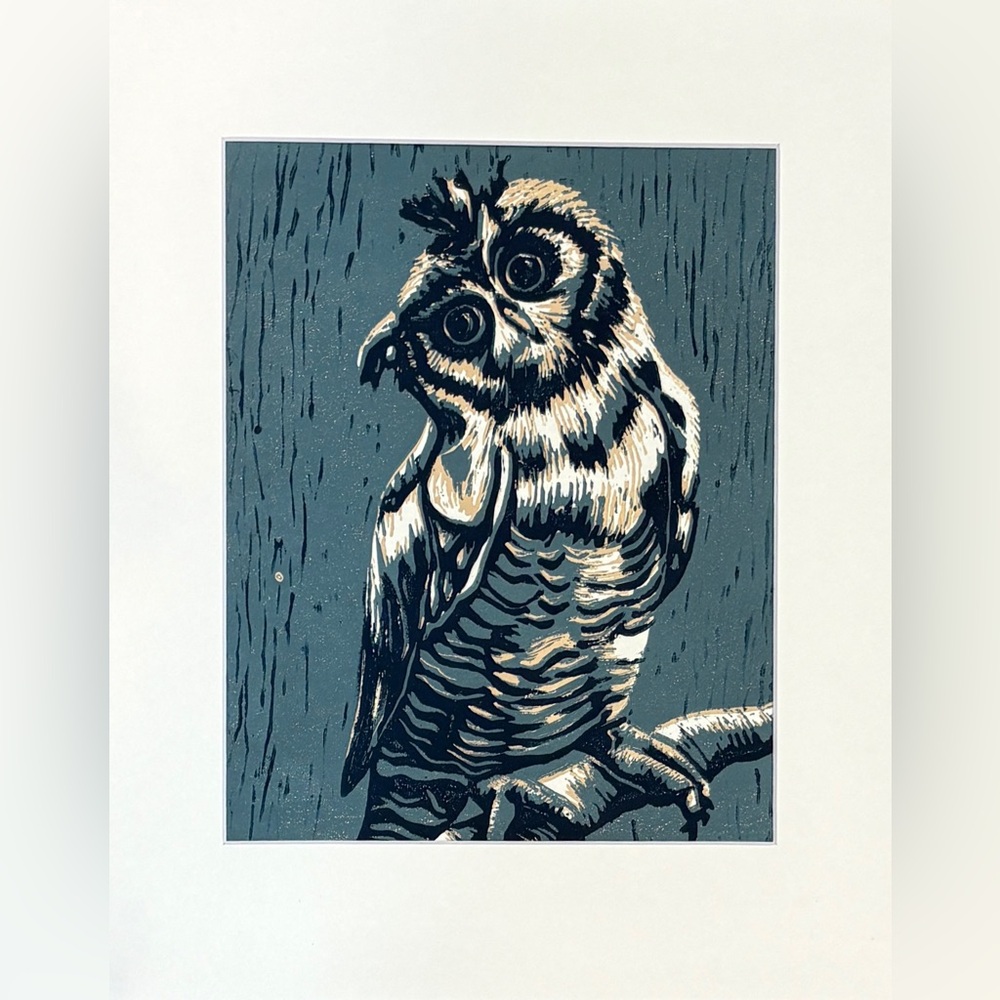 Owl Art Hand Printed Linocut Owl Reduction Print Woodland Animal Art Matted
